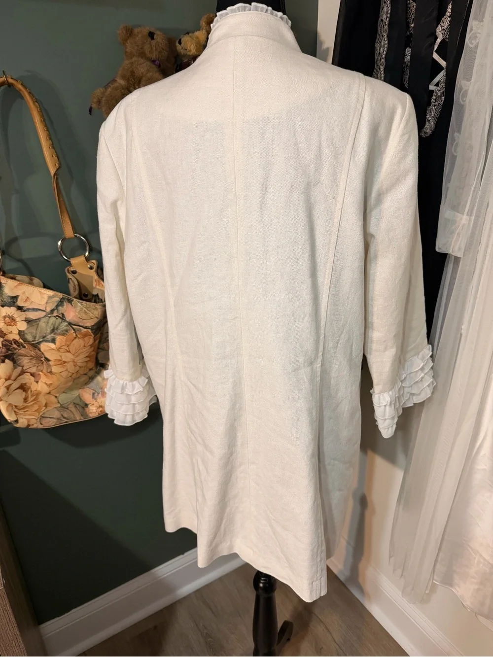 Women’s Linen Cream Double-Breasted Ruffle Cuff Coat Size M Boho Cottagecore